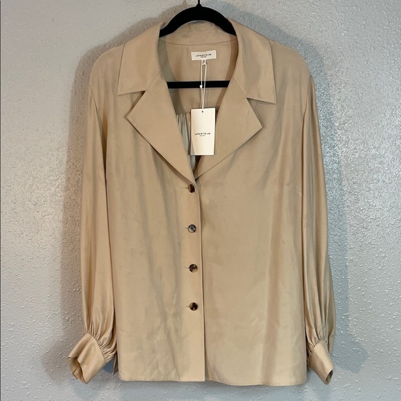 Lafayette 148 New York Beige Silk Button Down Blouse – Career Top Size 12 NWT - Picture 2 of 16